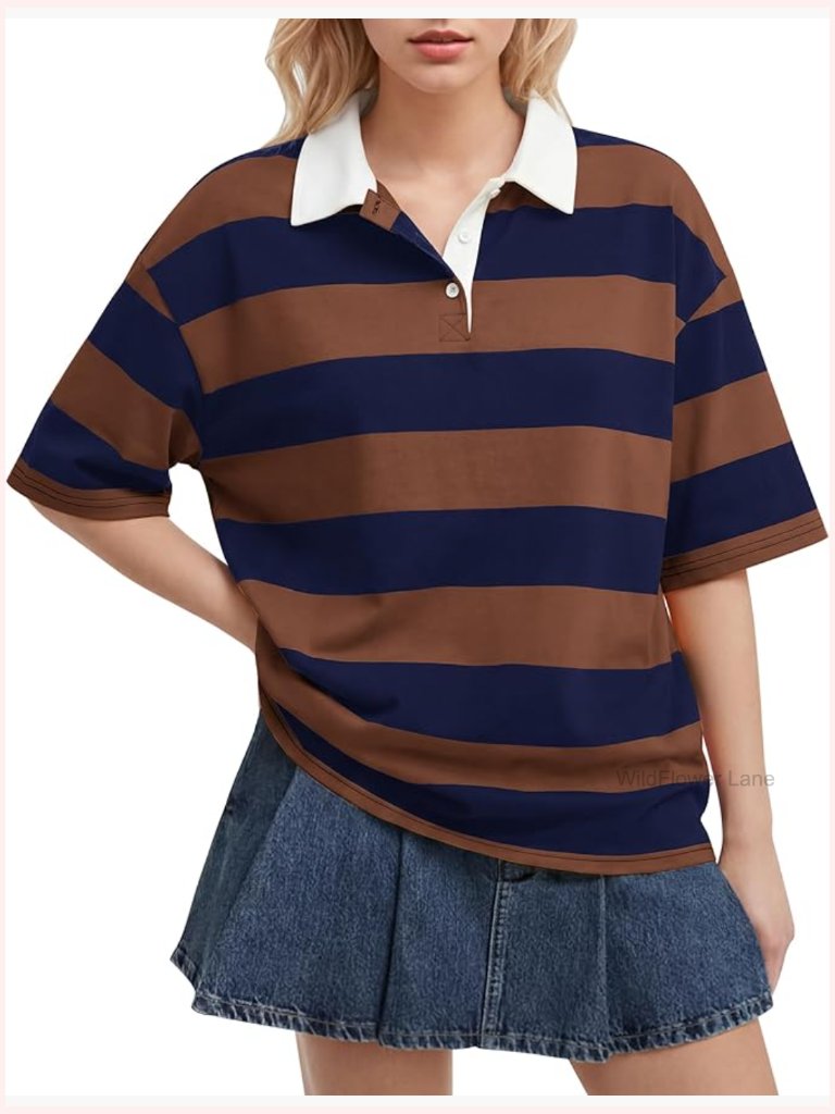 Women Striped Polo Shirts Short Sleeve Oversized Collared T Shirts Summer Tee